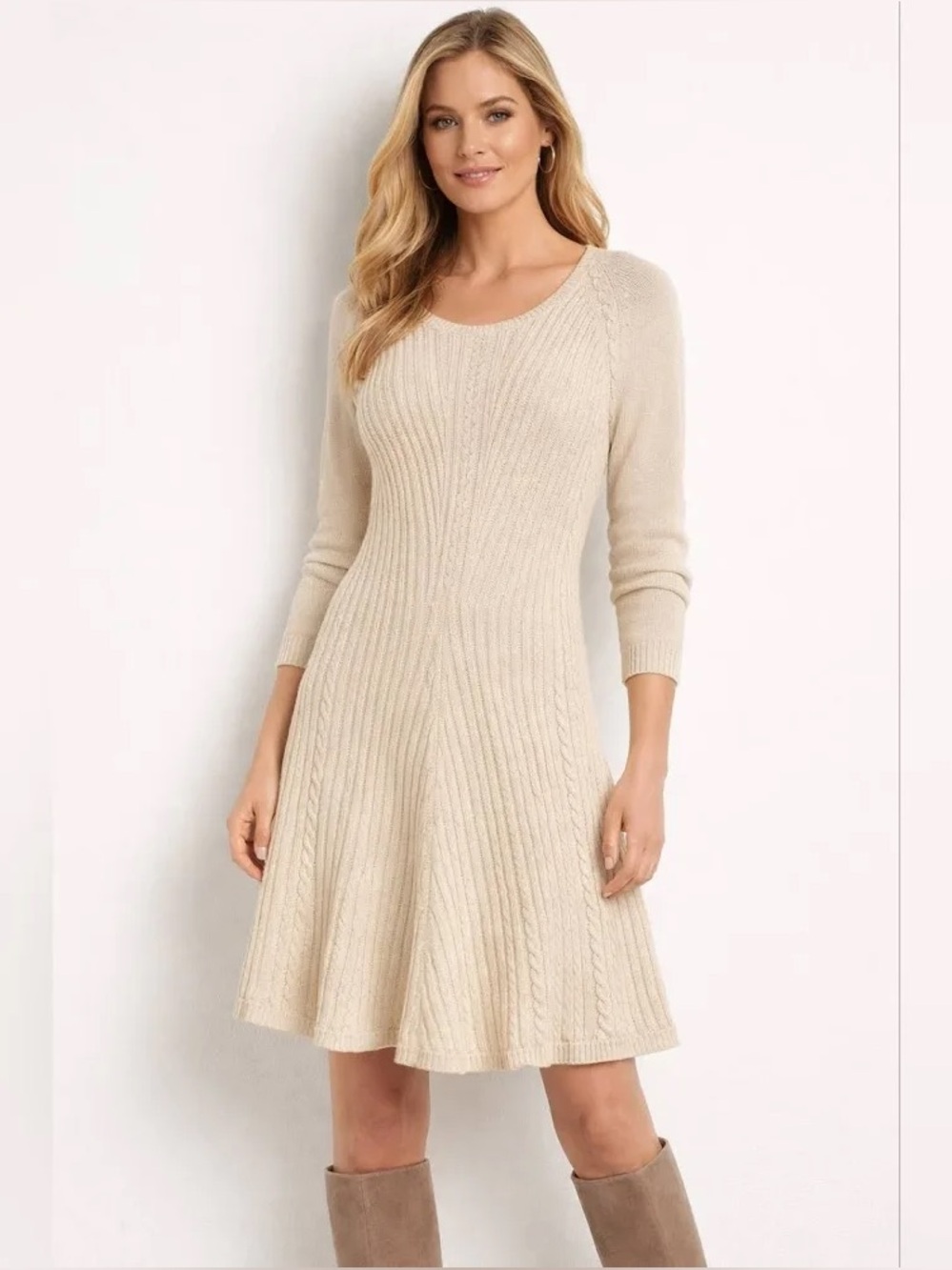 Boston Proper Fit + Flare Sweater Dress | Lightweight | Chic | Neutral | Size Lg